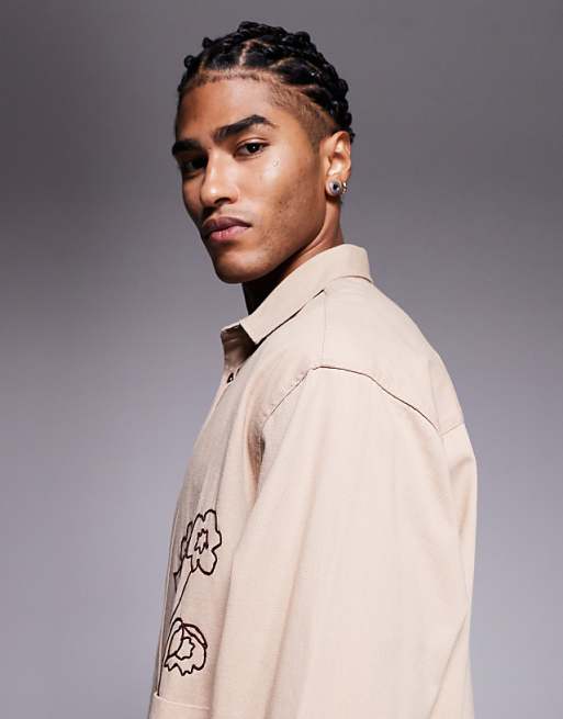 DESIGN Overshirt With Placement Embroidery With Double Pockets In Stone
