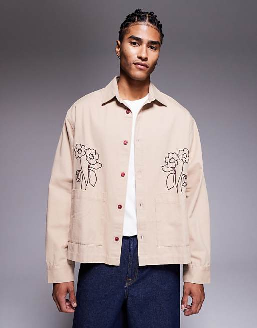 DESIGN overshirt with placement embroidery with double pockets in stone