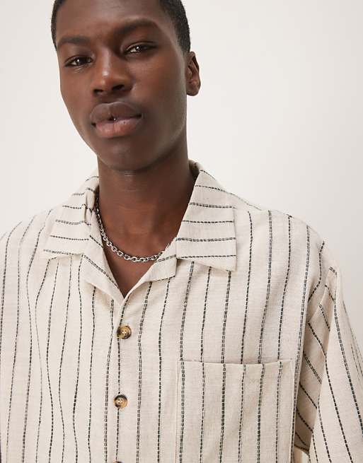 DESIGN Oversize Boxy Shirt With Ecru And Dark Green Stripe