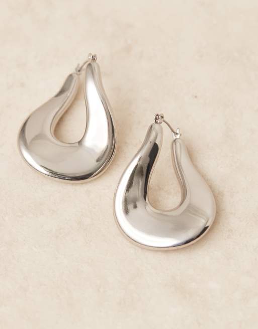 DESIGN Oversized Abstract Hoop Earrings In Brushed Silver Tone