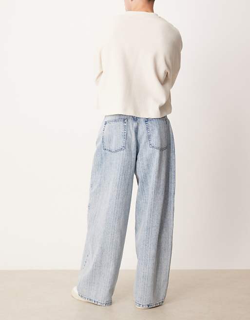 DESIGN Oversized Baggy Jeans In Mid Wash Blue With Stripe Print