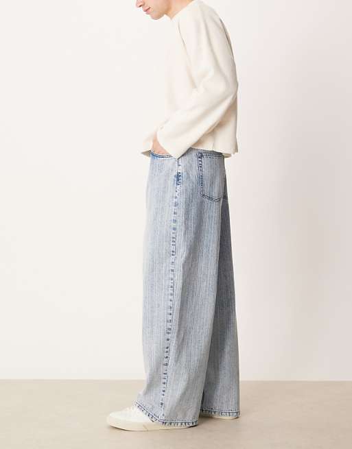 DESIGN Oversized Baggy Jeans In Mid Wash Blue With Stripe Print