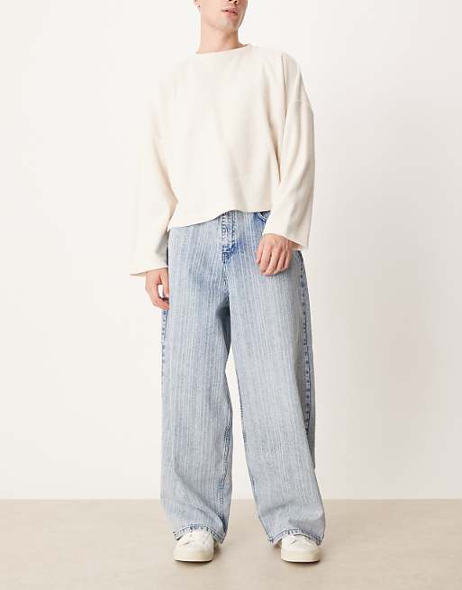 DESIGN oversized baggy jeans in mid wash blue with stripe print