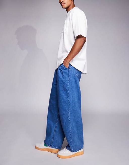 DESIGN Oversized Baggy Jeans With Side Belts In Mid Wash Blue