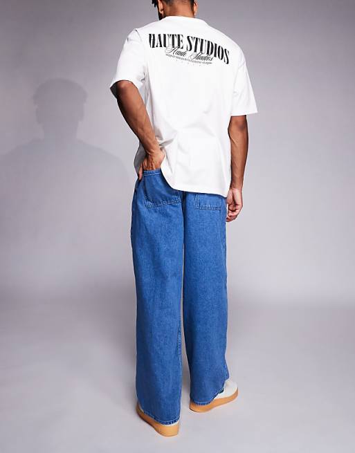 DESIGN Oversized Baggy Jeans With Side Belts In Mid Wash Blue