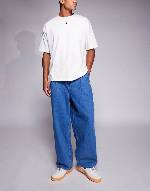DESIGN oversized baggy jeans with side belts in mid wash blue