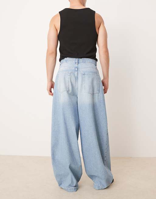 DESIGN Oversized Baggy Pleated Jeans In Light Wash Blue