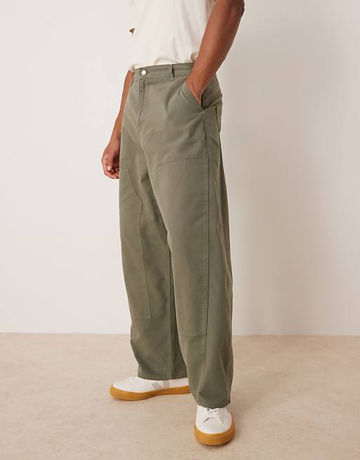 DESIGN Oversized Baggy Trousers In Khaki With Carpenter Details
