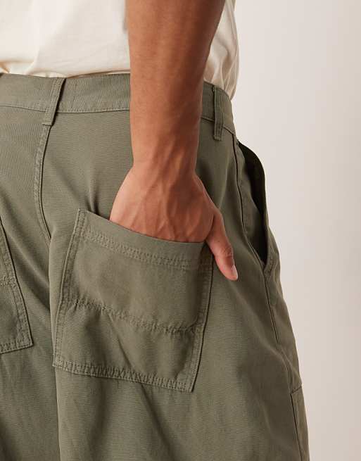DESIGN Oversized Baggy Trousers In Khaki With Carpenter Details