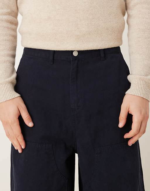 DESIGN Oversized Baggy Trousers In Navy With Carpenter Details