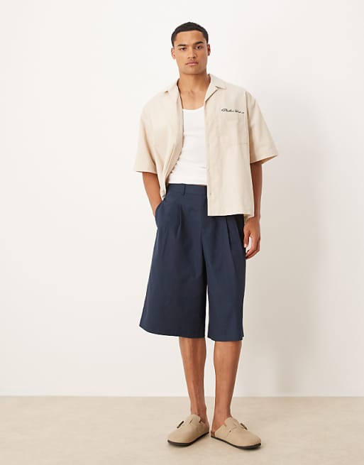 DESIGN oversized bermuda linen look shorts in navy