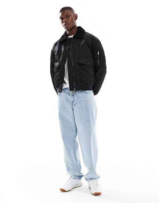 DESIGN Oversized Bomber Jacket With Borg Collar In Black