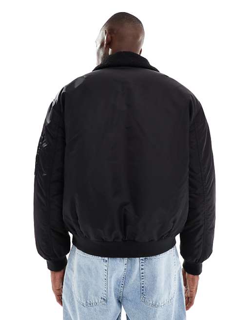DESIGN Oversized Bomber Jacket With Borg Collar In Black