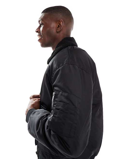 DESIGN Oversized Bomber Jacket With Borg Collar In Black