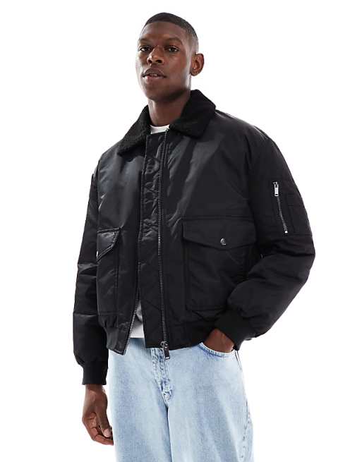 DESIGN oversized bomber jacket with borg collar in black