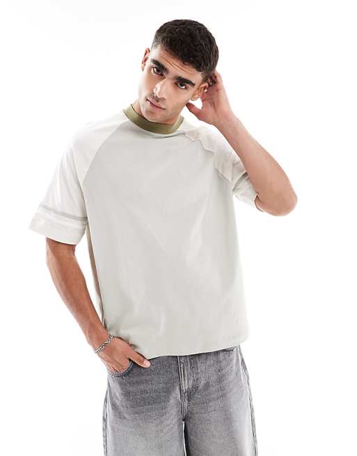 DESIGN oversized boxy contrast raglan t-shirt with tape detail in grey