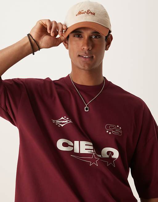 DESIGN Oversized Boxy Dropped Shoulder T-shirt With Print Detail In Burgundy
