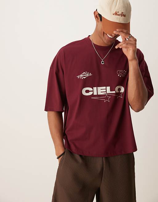 DESIGN oversized boxy dropped shoulder t-shirt with print detail in burgundy