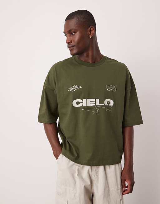 DESIGN oversized boxy dropped shoulder t-shirt with print detail in khaki