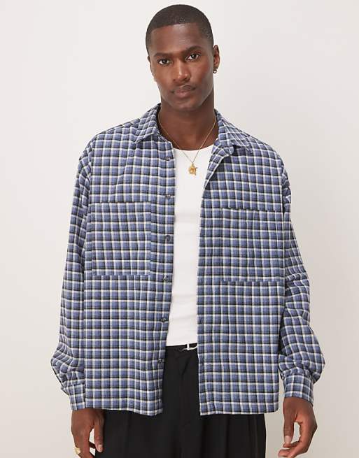 DESIGN oversized boxy flannel shirt in blue check