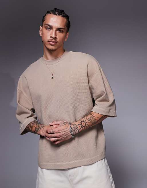 DESIGN oversized boxy half sleeve t-shirt in brown waffle