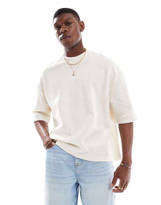 DESIGN oversized boxy half sleeve t-shirt in beige waffle