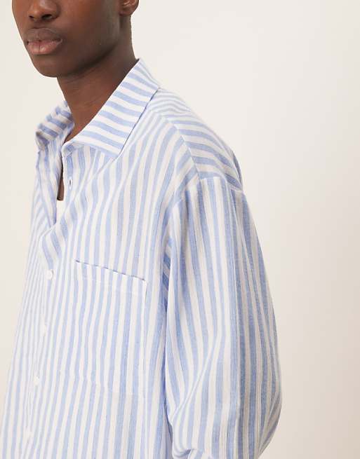 DESIGN Oversized Boxy Linen Look Shirt In Blue Stripe