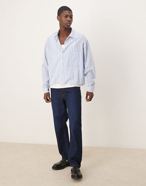 DESIGN Oversized Boxy Linen Look Shirt In Blue Stripe