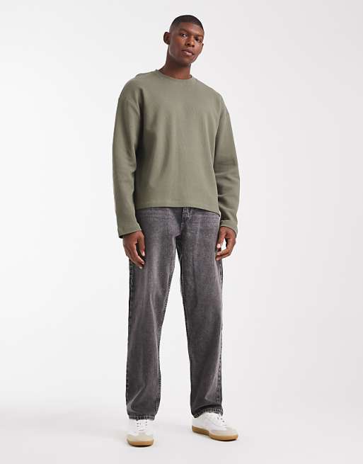 DESIGN Oversized Boxy Long Sleeve T-shirt In Khaki Waffle