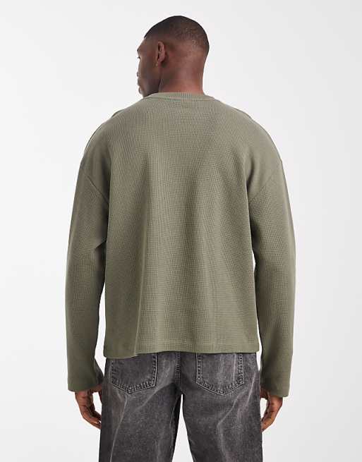 DESIGN Oversized Boxy Long Sleeve T-shirt In Khaki Waffle