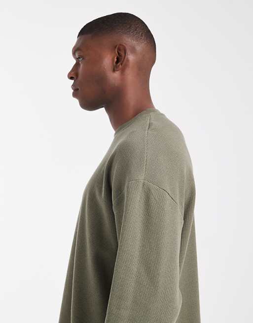 DESIGN Oversized Boxy Long Sleeve T-shirt In Khaki Waffle