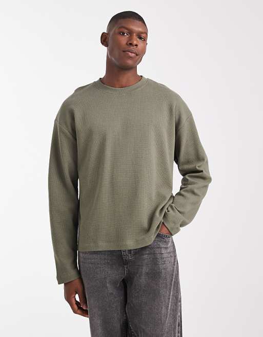 DESIGN oversized boxy long sleeve t-shirt in khaki waffle
