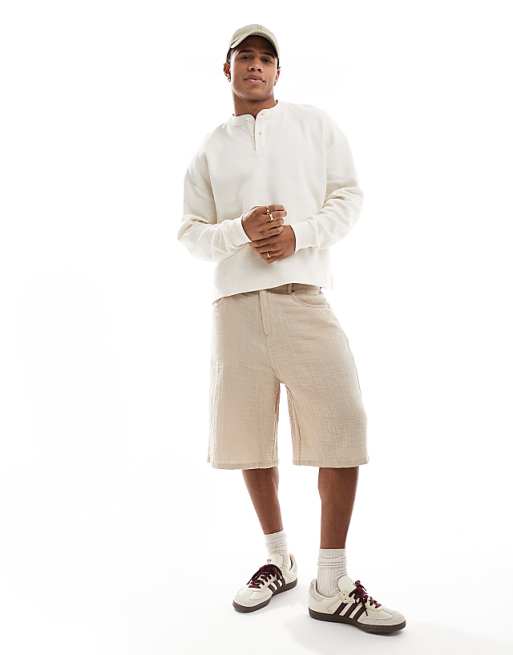 DESIGN Oversized Boxy Long Sleeve T-shirt With Henley Neck In Cream Waffle