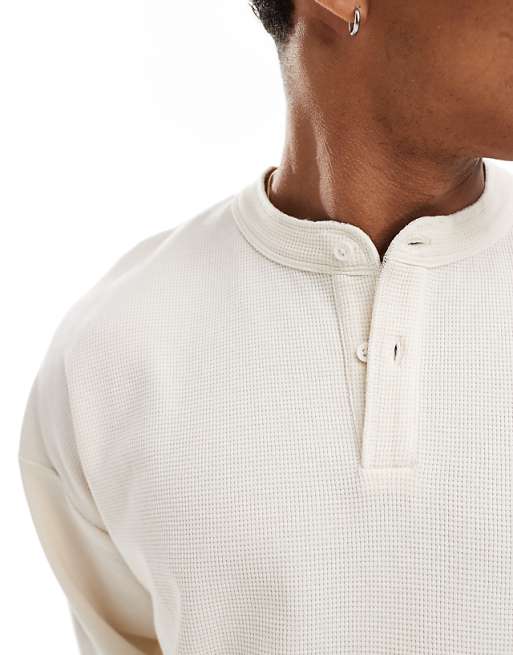 DESIGN Oversized Boxy Long Sleeve T-shirt With Henley Neck In Cream Waffle