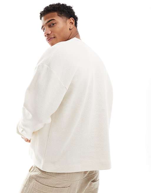 DESIGN Oversized Boxy Long Sleeve T-shirt With Henley Neck In Cream Waffle