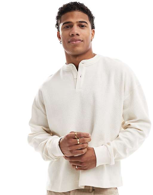DESIGN oversized boxy long sleeve t-shirt with henley neck in cream waffle