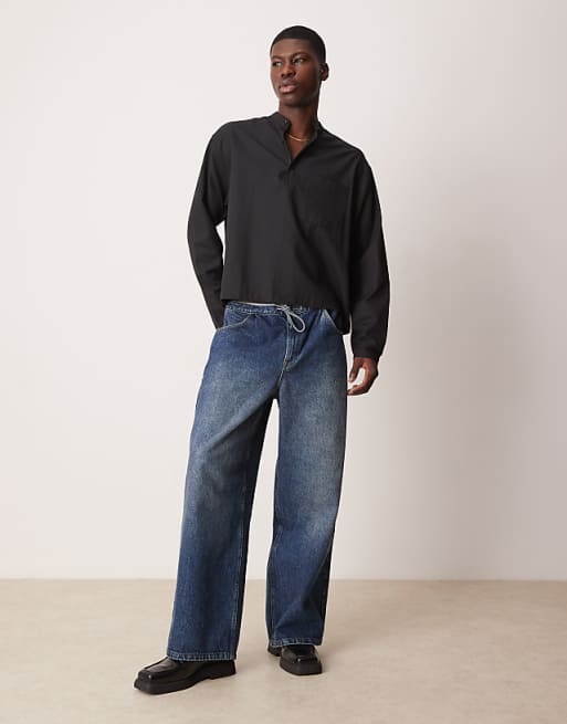 DESIGN Oversized Boxy Overhead Grandad Shirt In Black