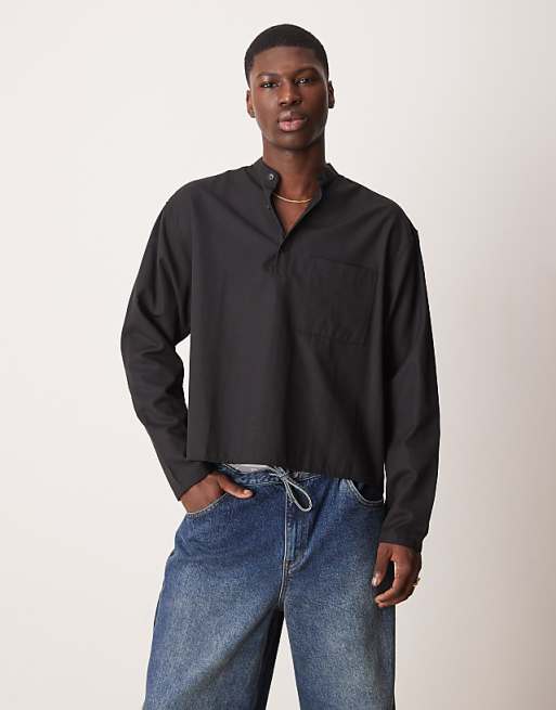 DESIGN oversized boxy overhead grandad shirt in black