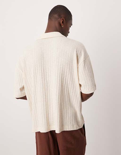DESIGN Oversized Boxy Polo In Beige Linen Mix Rib