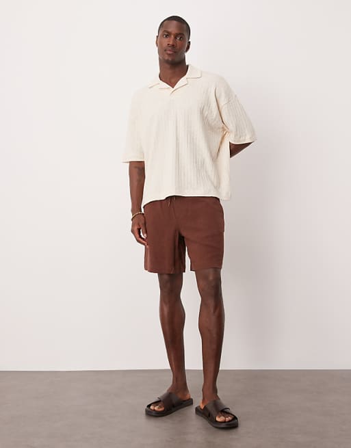 DESIGN Oversized Boxy Polo In Beige Linen Mix Rib