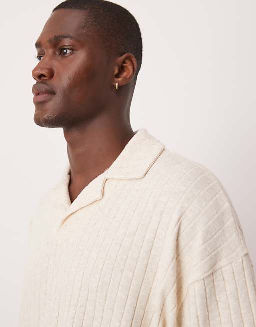 DESIGN Oversized Boxy Polo In Beige Linen Mix Rib