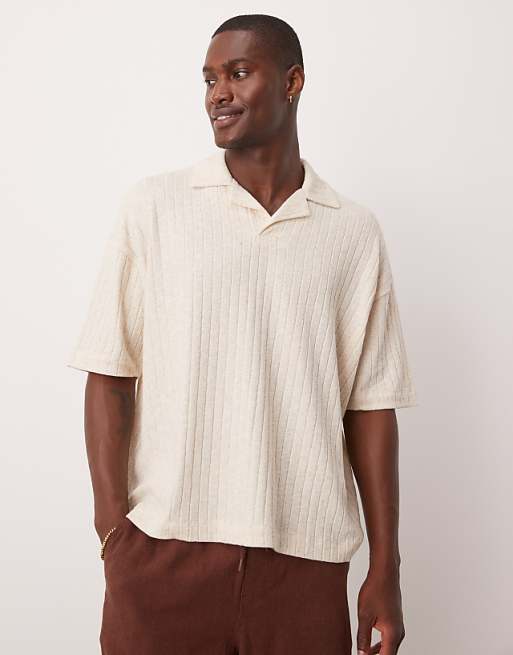 DESIGN oversized boxy polo in beige linen mix rib