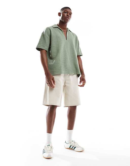 DESIGN Oversized Boxy Polo In Light Green Boucle