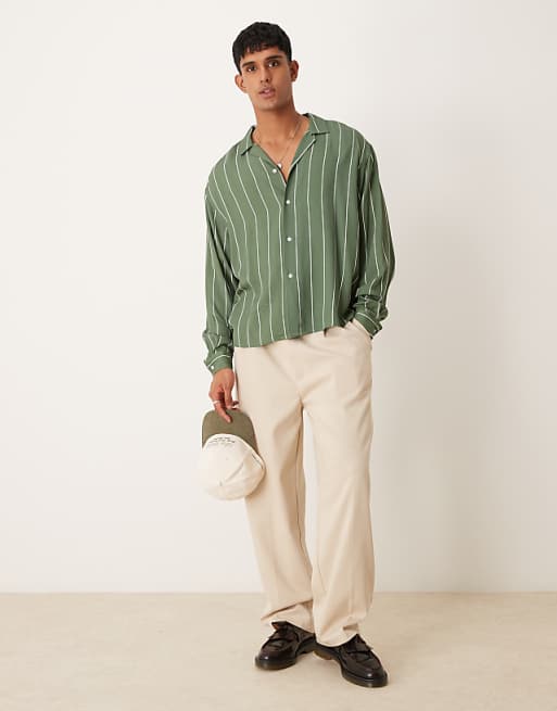 DESIGN Oversized Boxy Revere Shirt In Green Stripe