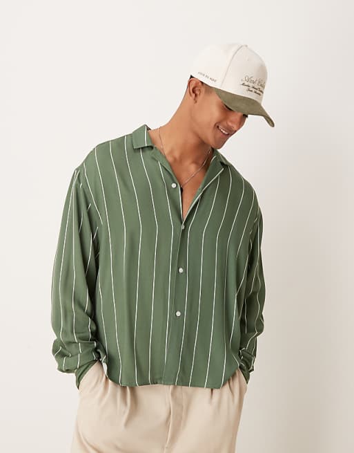 DESIGN oversized boxy revere shirt in green stripe