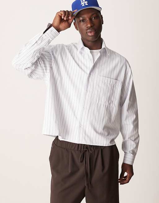 Design oversized boxy shirt in white and grey pinstripe