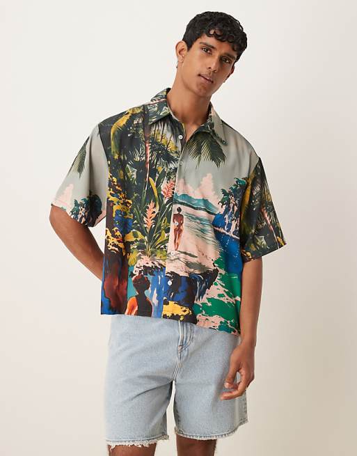 DESIGN oversized boxy shirt with beach print in multi