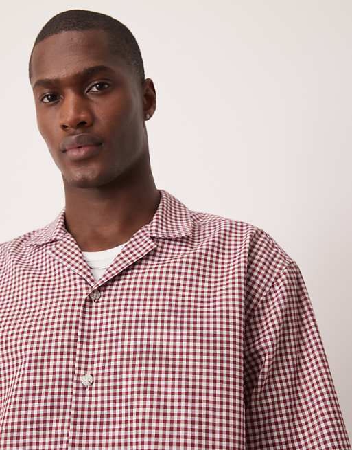 DESIGN Oversized Boxy Shirt With Half Sleeve In Burgundy Mini Check