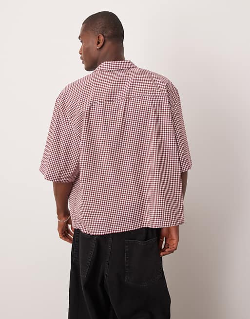 DESIGN Oversized Boxy Shirt With Half Sleeve In Burgundy Mini Check
