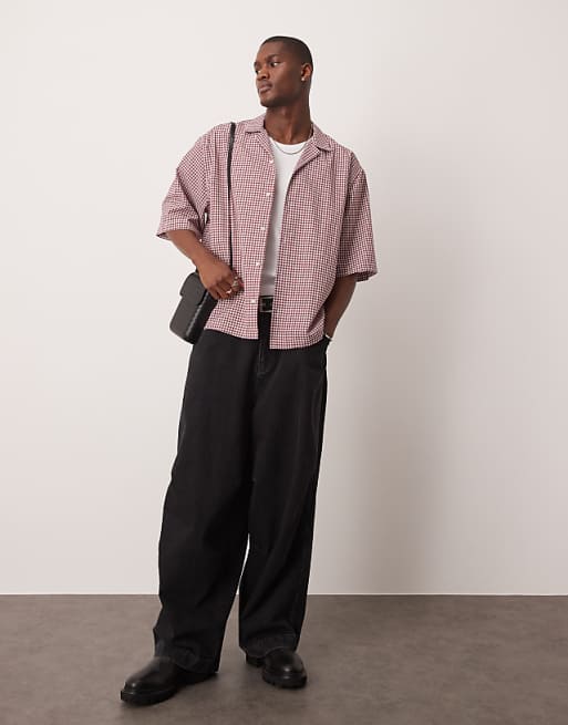 DESIGN Oversized Boxy Shirt With Half Sleeve In Burgundy Mini Check